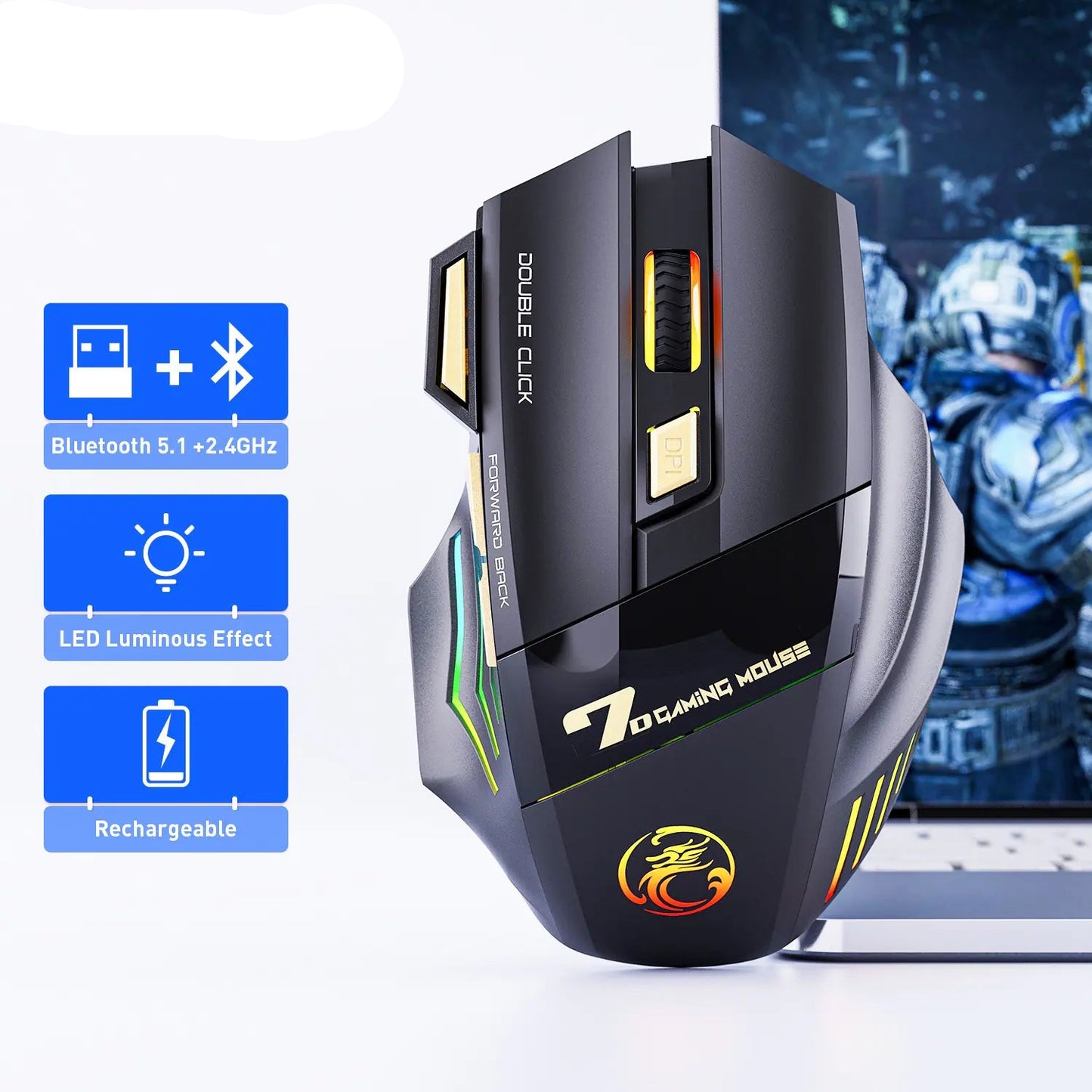 Ergonomic Rechargeable RGB Wireless Gaming Mouse